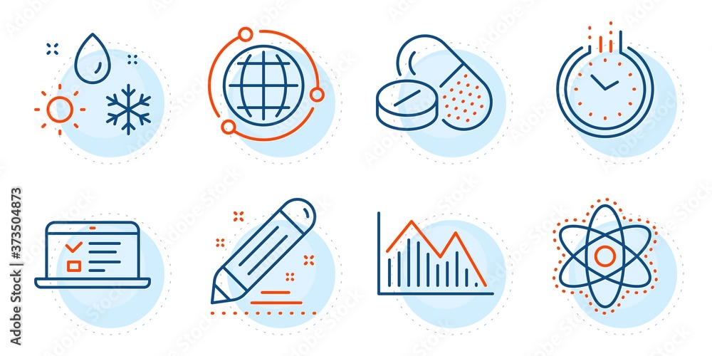 Medical drugs, Globe and Weather signs. Time, Chemistry atom and Web lectures line icons set. Brand contract, Investment graph symbols. Clock, Laboratory molecule. Science set. Vector Medical drugs, Globe and Weather signs. Time, Chemistry atom and Web lectures line icons set. Brand contract, Investment graph symbols. Clock, Laboratory molecule. Science set. Vector
