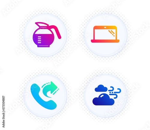 Coffeepot, Share call and Laptop icons simple set. Button with halftone dots. Windy weather sign. Brewed coffee, Phone support, Computer. Cloud wind. Business set. Gradient flat coffeepot icon. Vector