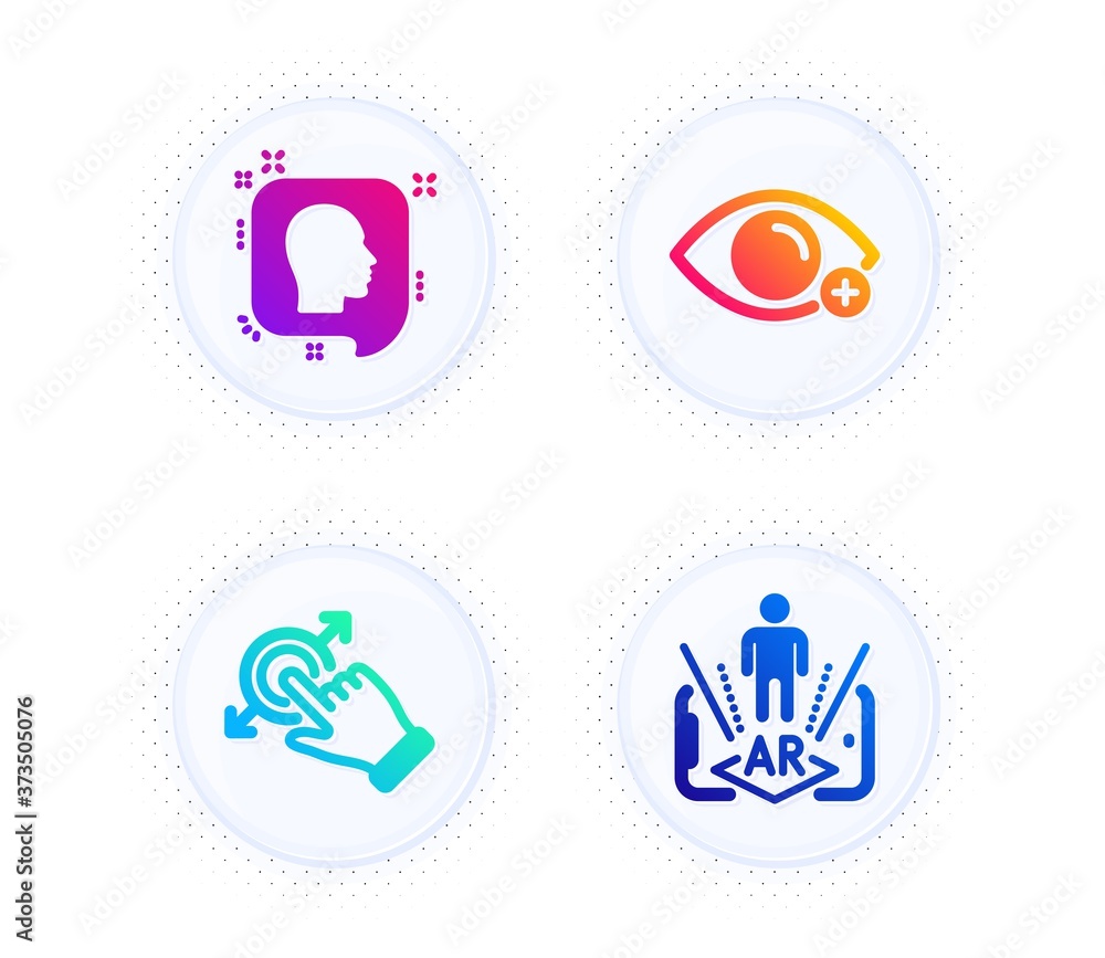 Head, Touchscreen gesture and Farsightedness icons simple set. Button with halftone dots. Augmented reality sign. Profile messages, Drag drop, Eye vision. Phone simulation. People set. Vector