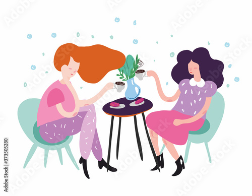 Flat illustration, girls in cafes, happiness, comfort, joy, friendship.