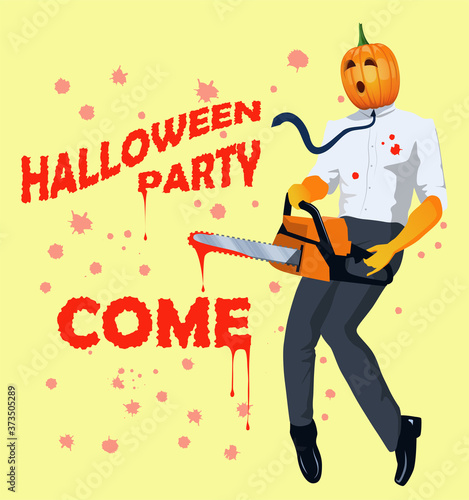 Elegantly dressed in pants and shirt Pumpkin jack o lantern character dances with chainsaw and invites to the Halloween party. All saints eve greeting card concept. Vector flat design illustration.