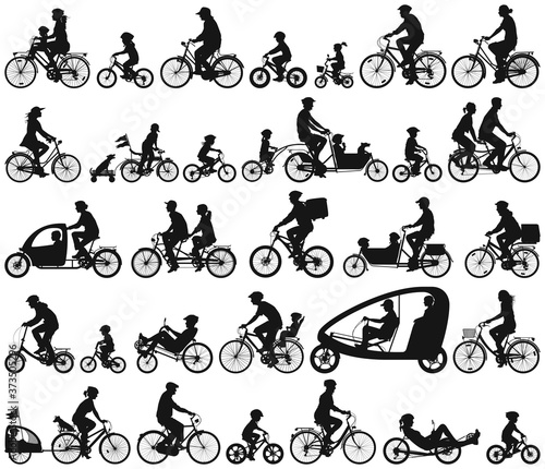Urban cyclists riding a bicycle man  woman child and senior vector silhouette collection