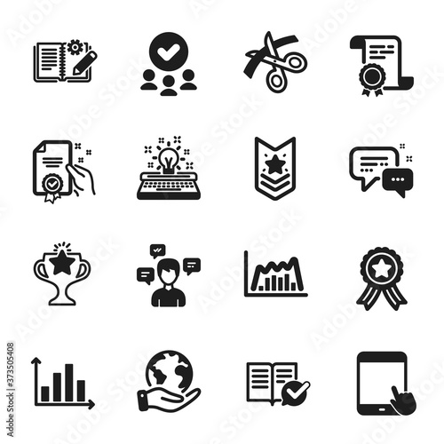 Set of Education icons, such as Approved documentation, Tablet pc. Certificate, approved group, save planet. Scissors, Diagram graph, Employees messenger. Typewriter, Certificate, Victory. Vector
