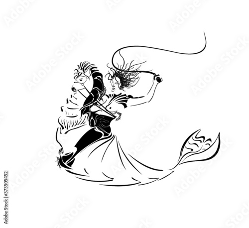 The mermaid sits on a seahorse and whips a whip