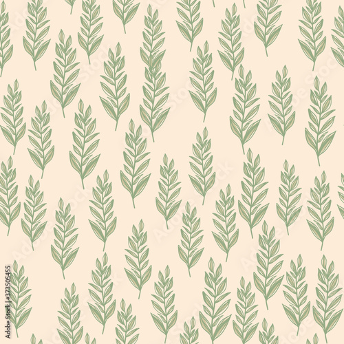 Random light seamless pattern with outline floral ornament. Green contoured leaves branches shapes on light background.