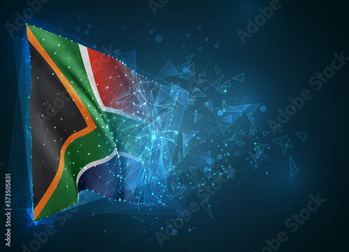 South Africa,  vector flag, virtual abstract 3D object from triangular polygons on a blue background