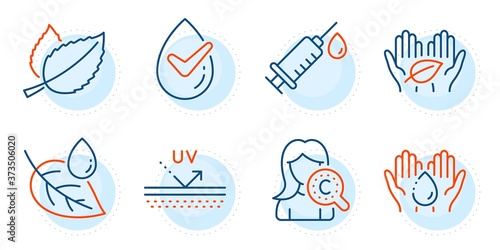 Uv protection, Wash hands and Fair trade signs. Dermatologically tested, Medical syringe and Leaf dew line icons set. Collagen skin, Mint leaves symbols. Organic, Vaccination. Healthcare set. Vector