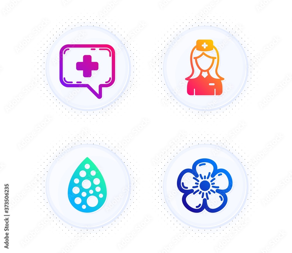 Medical chat, Artificial colors and Hospital nurse icons simple set. Button with halftone dots. Natural linen sign. Medicine help, Natural flavor, Medical assistant. Organic tested. Vector