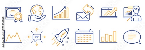 Set of Education icons, such as Presentation, Share mail. Certificate, save planet. Sales diagram, Calendar, Sms. Startup rocket, Graph chart, Chat. Report diagram line icons. Vector