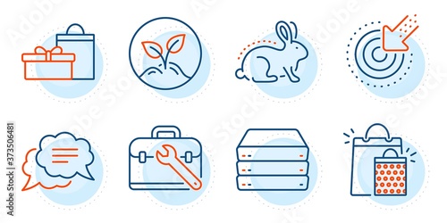 Tool case, Startup and Gifts signs. Servers, Text message and Targeting line icons set. Shopping bags, Animal tested symbols. Big data, Chat bubble. Business set. Outline icons set. Vector