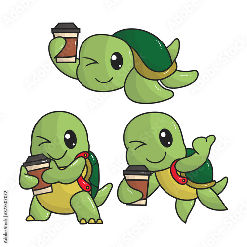 set of cute turtle coffee mascot logo with optional apprearance. premium kawaii vector
