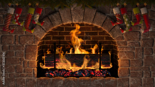 Yule Log in fireplace decorated with christmas stockings.
3D illustration. 