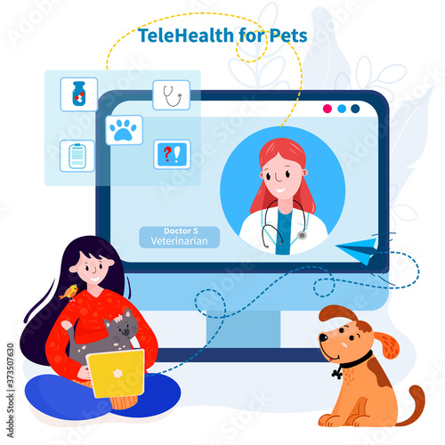 Vet examining pets online. Video chat with doctor. Telemedicine for animals. Remote Veterinary help. Conference service patient and Veterinarian.