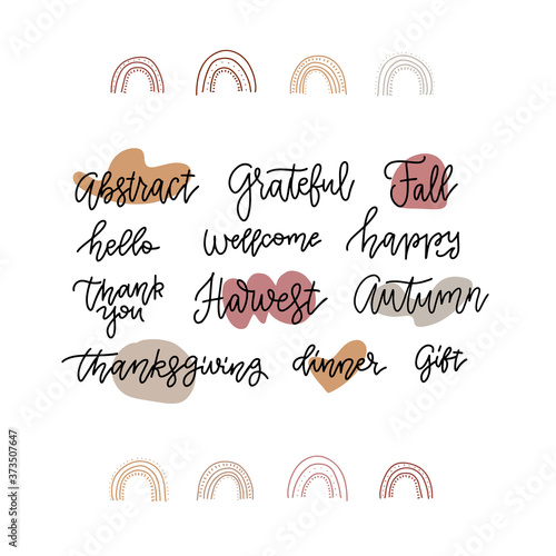 Fall calligraphy set. Big collection of autumn quotes isolated on white background. Thank you, thanksgiving, grateful, hello autumn, Fall. Vector linear lettering illustration with doodle arc decor.
