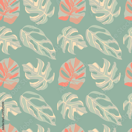 Pastel palette seamless doodle pattern with monstera silhouettes. Light turquoise background with pink floral elements.