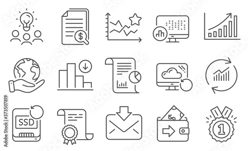 Set of Education icons, such as Financial documents, Report. Diploma, ideas, save planet. Update data, Ranking stars, Recovery cloud. Graph chart, Decreasing graph, Report statistics. Vector