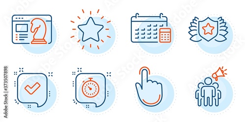 Rank star, Laureate and Timer signs. Seo strategy, Brand ambassador and Confirmed line icons set. Calendar, Hand click symbols. Chess knight, Megaphone. Business set. Outline icons set. Vector