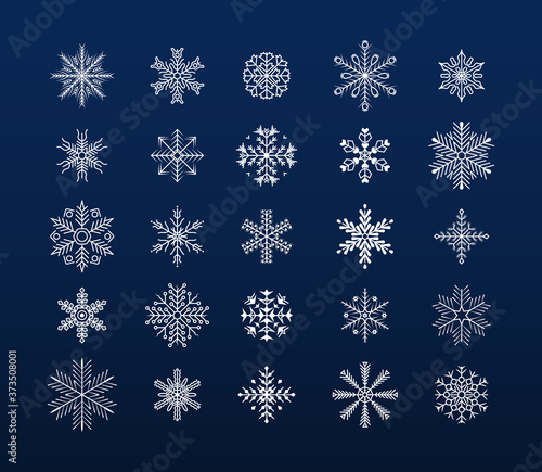 Snowflakes set. Snowflakes collection for design Christmas and New Year banner and cards. Winter flat vector decorations elements. Winter set of white snowflakes isolated on blue background. 