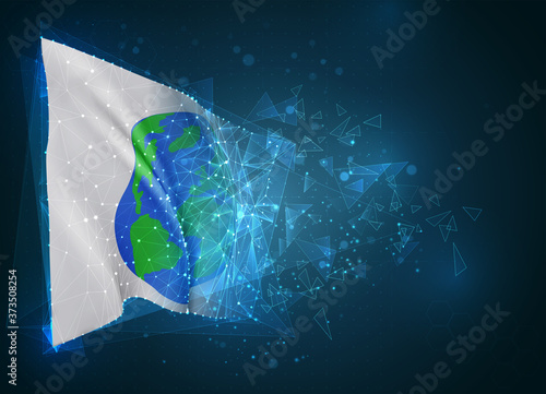 Earth protection vector flag, virtual abstract 3D object from triangular polygons on a blue background
