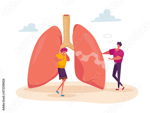 Female Character Coughing near Huge Lungs with Smoking Man, Pulmonology Asthma Disease, Respiratory System Health Care