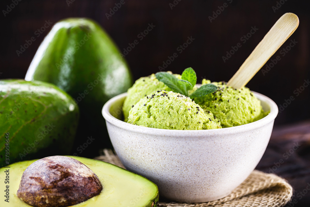 vegan avocado ice cream, without sugar or added milk, without preservatives. Served in recycled plastic bowl vegan avocado ice cream, without sugar or added milk, without preservatives. Served in recycled plastic bowl
