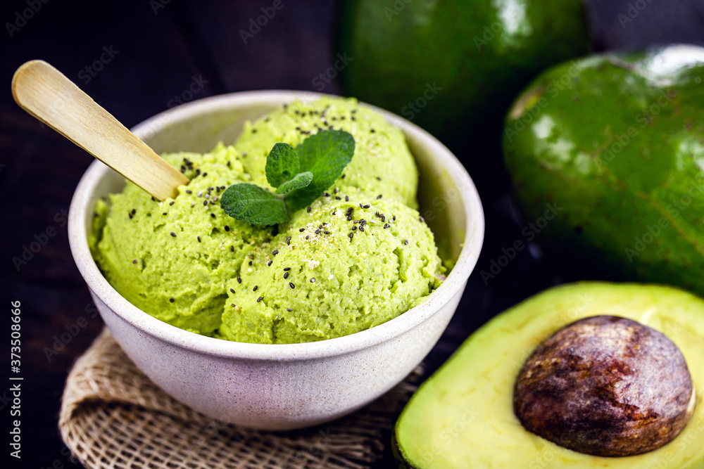 vegan avocado ice cream, without sugar or added milk, without preservatives. Served in recycled plastic bowl vegan avocado ice cream, without sugar or added milk, without preservatives. Served in recycled plastic bowl