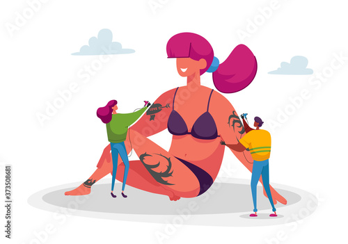 Master Characters with Professional Equipment Making Tattooing to Huge Woman with Tattooed Body. People Decorating Skin
