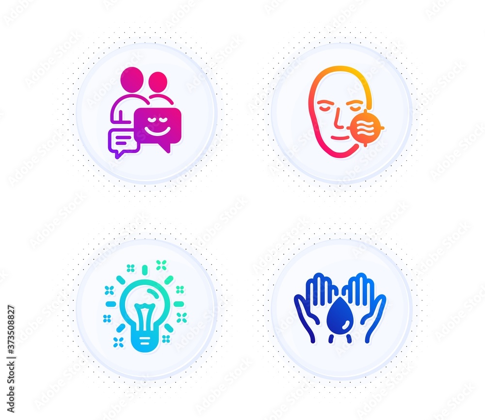 Idea, Problem skin and Communication icons simple set. Button with halftone dots. Safe water sign. Creativity, Facial care, Business messages. Hold drop. Business set. Gradient flat idea icon. Vector