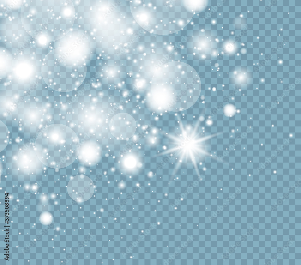 Sparkling magic dust particles. White sparks and stars glitter special light effect. Christmas abstract pattern. Vector sparkles on transparent background.	