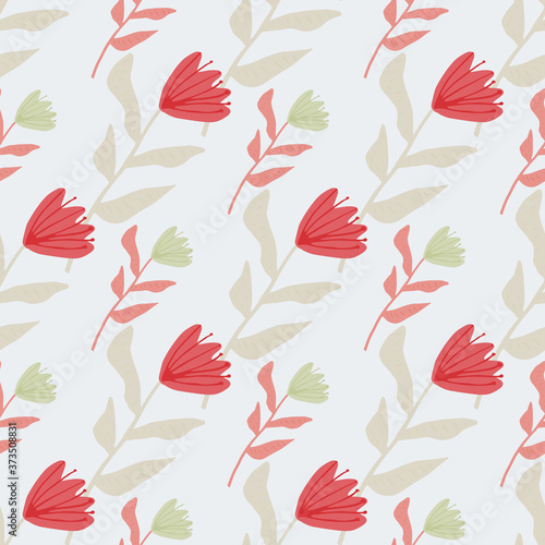 Pastel tender tulip flowers seamless pattern. Red botanic elements on light background. Stylized artwork.