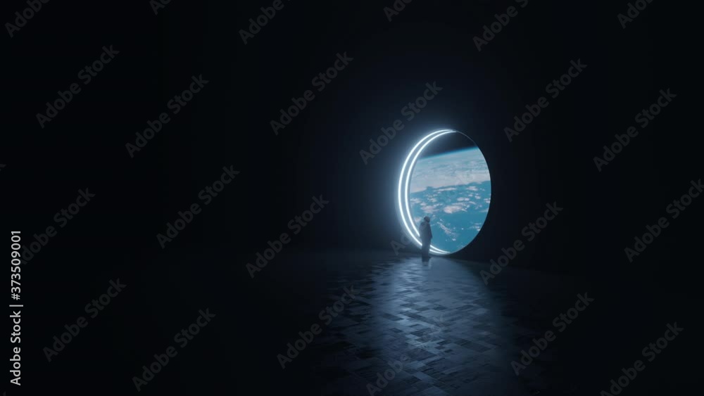 The astronaut is looking at the huge illuminator of an unknown spaceship interior at an empty galaxy. 3D ISS animation in 4k.