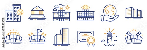 Set of Buildings icons, such as Loan house, Arena stadium. Certificate, save planet. Arena, Skyscraper buildings, Lighthouse. Hotel, Hospital, Court building line icons. Line icon set. Vector
