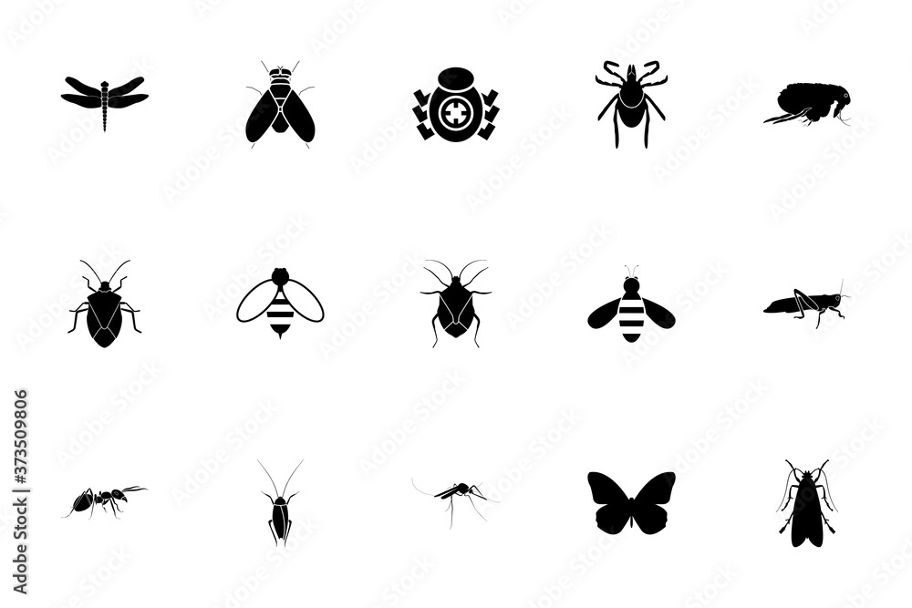 Insects black color set solid style image