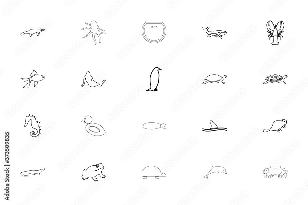 Aquatic animals black color set outline style image Aquatic animals black color set outline style image