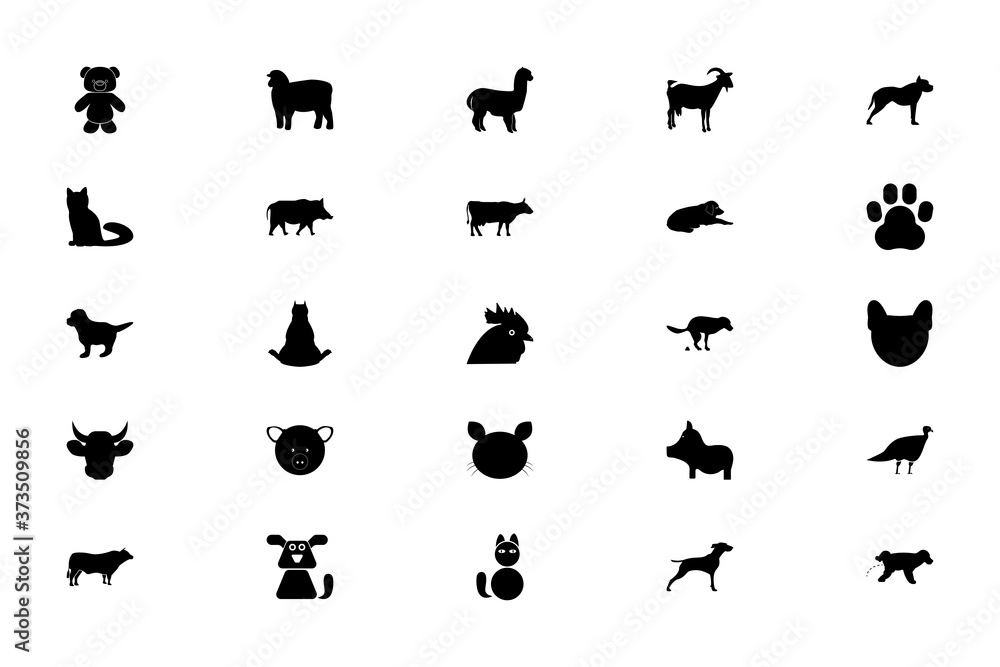 Pets farm animals black color set solid style image