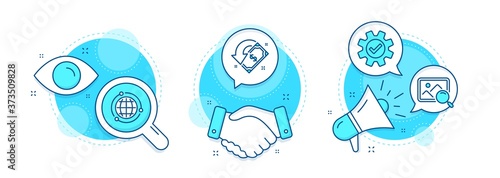 Search photo, Service and Globe line icons set. Handshake deal, research and promotion complex icons. Cashback sign. Find image, Cogwheel gear, Internet world. Receive money. Technology set. Vector