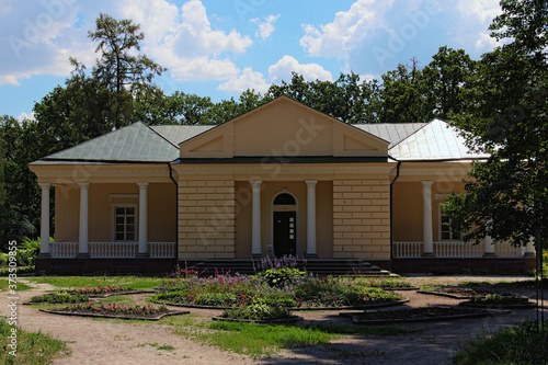 Bila Tserkva, Ukraine-JULY 18,2020: Scenic landscape view of ancient building called Dance pavilion in the Arboretum Oleksandriya. Famous touristic place and romantic travel destination in the park photo