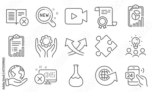 Set of Technology icons, such as Intersection arrows, Strategy. Diploma, ideas, save planet. Report, Checklist, Video camera. 24h service, Reject book, Employee hand. Vector