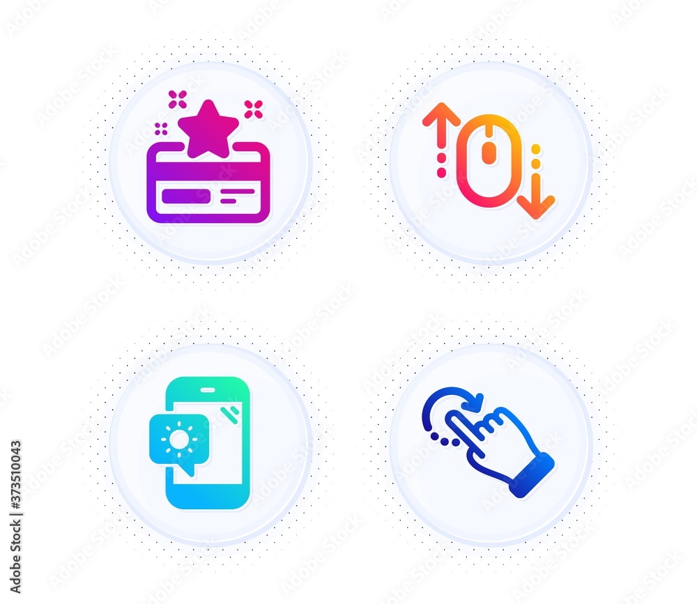 Scroll down, Weather phone and Loyalty card icons simple set. Button with halftone dots. Rotation gesture sign. Mouse swipe, Travel device, Bonus points. Undo. Technology set. Vector Scroll down, Weather phone and Loyalty card icons simple set. Button with halftone dots. Rotation gesture sign. Mouse swipe, Travel device, Bonus points. Undo. Technology set. Vector