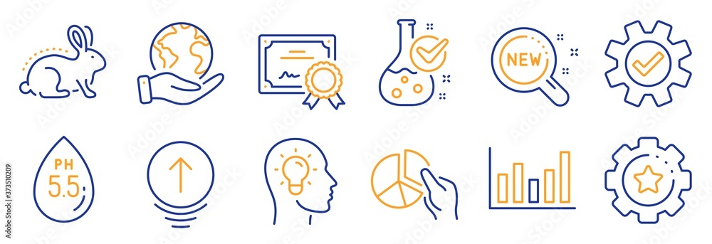 Set of Science icons, such as Ph neutral, New products. Certificate, save planet. Settings gear, Service, Chemistry lab. Animal tested, Column chart, Pie chart. Idea head, Swipe up line icons. Vector Set of Science icons, such as Ph neutral, New products. Certificate, save planet. Settings gear, Service, Chemistry lab. Animal tested, Column chart, Pie chart. Idea head, Swipe up line icons. Vector