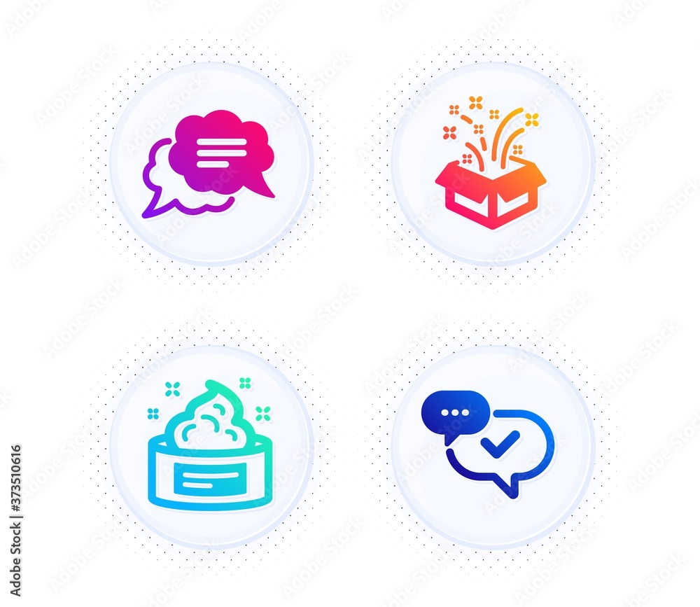 Text message, Gift and Skin cream icons simple set. Button with halftone dots. Approved sign. Chat bubble, New year, Medical cosmetic. Chat message. Business set. Vector Text message, Gift and Skin cream icons simple set. Button with halftone dots. Approved sign. Chat bubble, New year, Medical cosmetic. Chat message. Business set. Vector