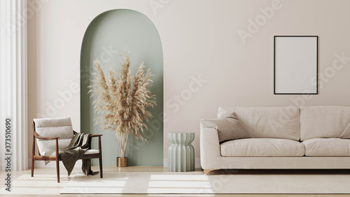 living room interior mock up, modern furniture and decorative green arch with trendy dried flowers, white sofa and armchair, 3d render 