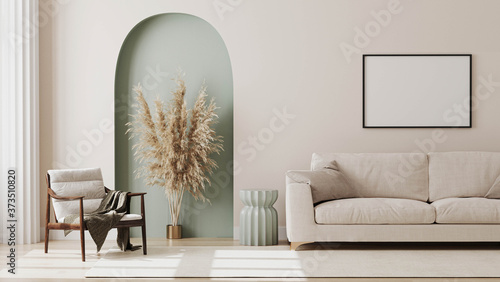 empty poster frame on beige wall in living room interior with modern furniture and decorative green arch with trendy dried flowers, white sofa and armchair, 3d render photo