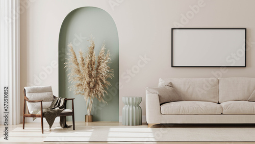 empty picture frame on beige wall in living room interior with modern furniture and decorative green arch with trendy dried flowers, white sofa and armchair, 3d render photo