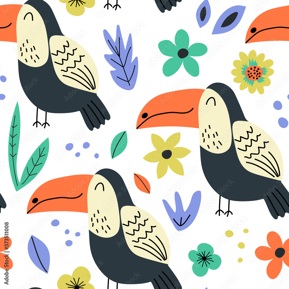 Obraz premium Hand drawn background with tucans and flowers.Pattern with cute design. Scandinavian style design. 