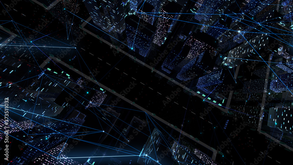 Fototapeta premium Digital City Network Building Technology Communication Data Business 3D illustration Background