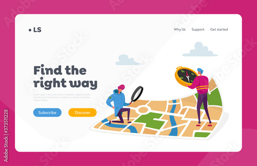 Tiny Characters Orienteering at Huge Map Landing Page Template. Men with Magnifier and Compass Searching Way in City