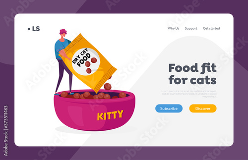 Love and Care of Animals, Pets Landing Page Template. Tiny Male Character Holding Huge Package with Dry Food for Cat