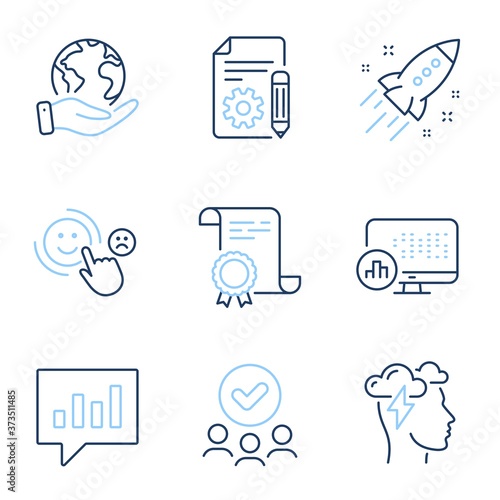 Documentation, Customer satisfaction and Startup rocket line icons set. Diploma certificate, save planet, group of people. Analytical chat, Report statistics and Mindfulness stress signs. Vector