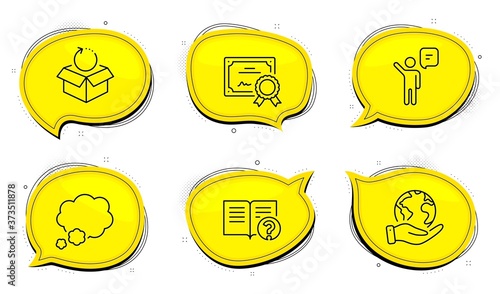 Talk bubble sign. Diploma certificate, save planet chat bubbles. Agent, Return package and Help line icons set. Business person, Exchange goods, Documentation. Chat message. Business set. Vector